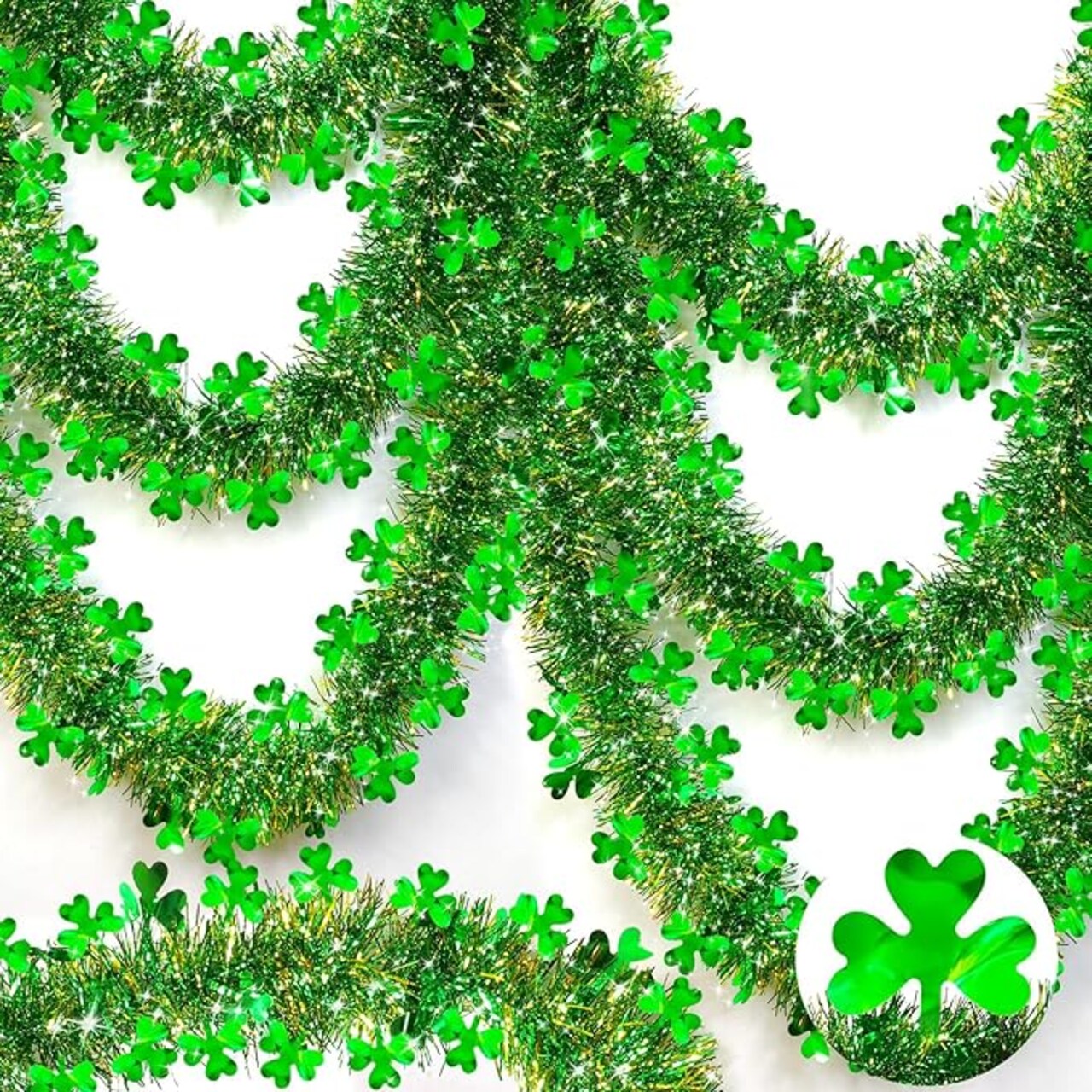 33 Ft St. Patrick's Day Tinsel Garland Decorations Green Gold Shamrock Garland Clover Metallic Streamer Hanging St Patricks Day Decorations for Home Indoor Outdoor Irish Party Supplies